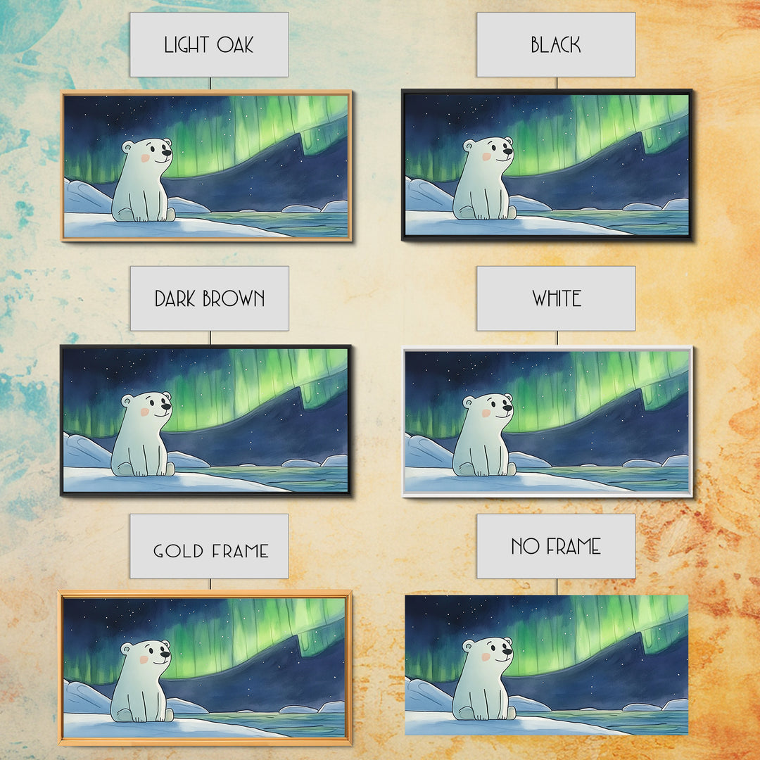Smiling Polar Bear Under Northern Lights Canvas Print, Whimsical Arctic Nursery Decor, Kids Room Wall Art, Baby Shower Gift