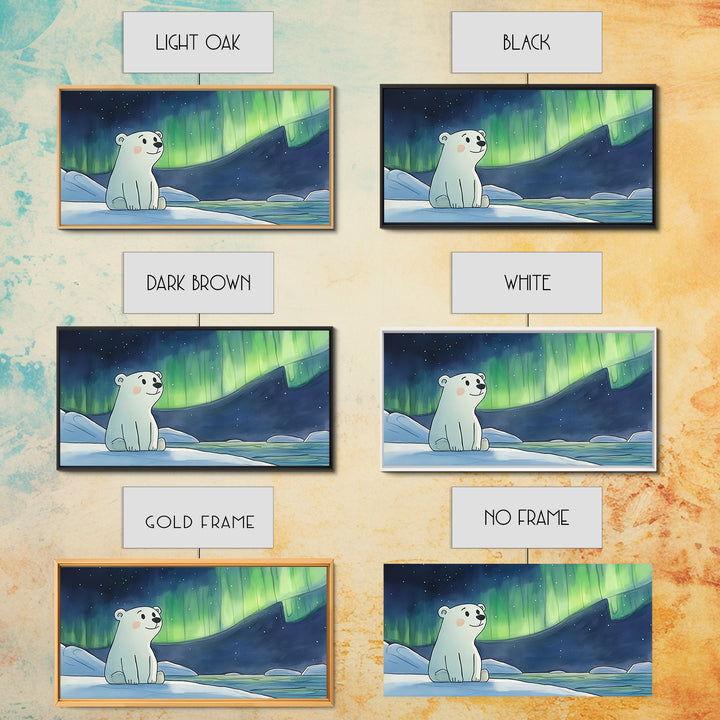 Smiling Polar Bear Under Northern Lights Canvas Print, Whimsical Arctic Nursery Decor, Kids Room Wall Art, Baby Shower Gift