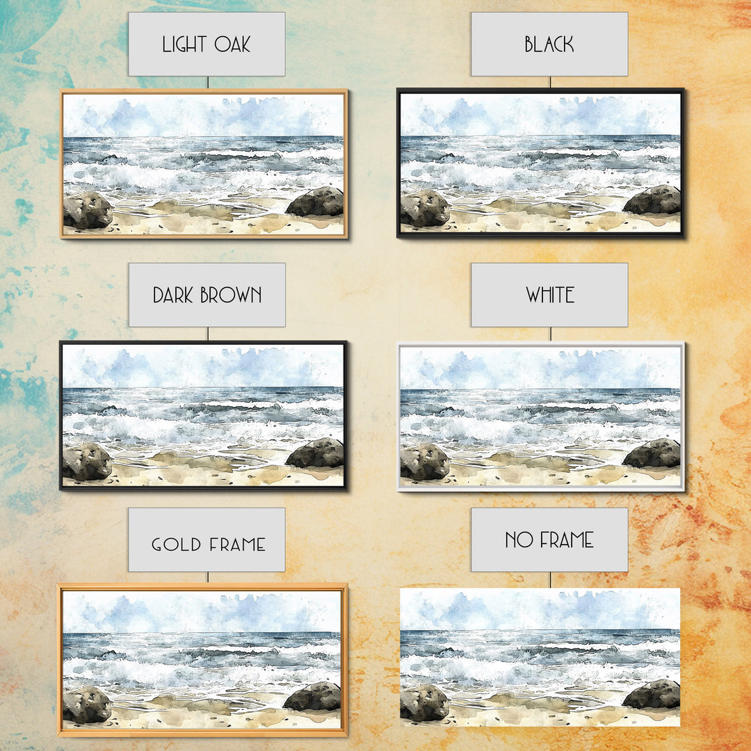 Rocky Surf And Foamy Tide Wall Art, Watercolor Ocean Painting Print, Nautical Coastal Decor, Beach House Living Room Art
