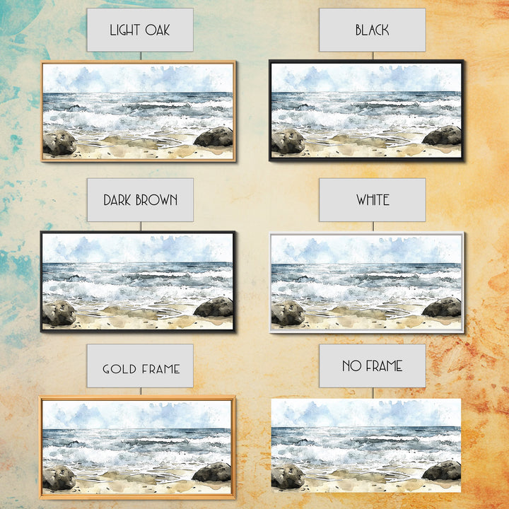 Rocky Surf And Foamy Tide Wall Art, Watercolor Ocean Painting Print, Nautical Coastal Decor, Beach House Living Room Art