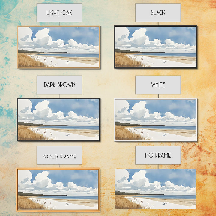 Open Sandy Beach With Big Clouds Wall Art, Soft Watercolor Seascape Print, Neutral Coastal Decor, Above Sofa Living Room Art