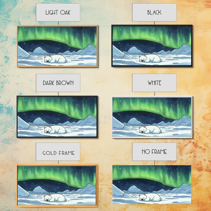 Polar Bear Under Green Aurora Wall Art, Arctic Animal Nursery Decor, Winter Landscape Art Print, Kids Room Decor Baby Gift