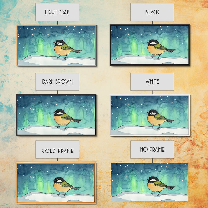 Chickadee Under Northern Lights Wall Art, Whimsical Bird Art Print, Celestial Nursery Decor, Kids Room Decor, Winter Wall Art
