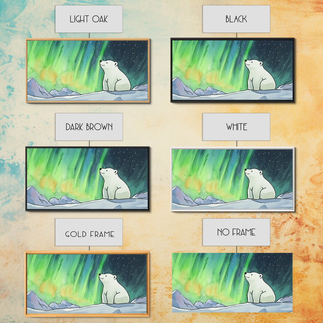 Polar Bear Beneath Aurora Framed Canvas Print, Arctic Animal Wall Art, Celestial Nature Decor, Kids Room Art, Nursery Wall Art