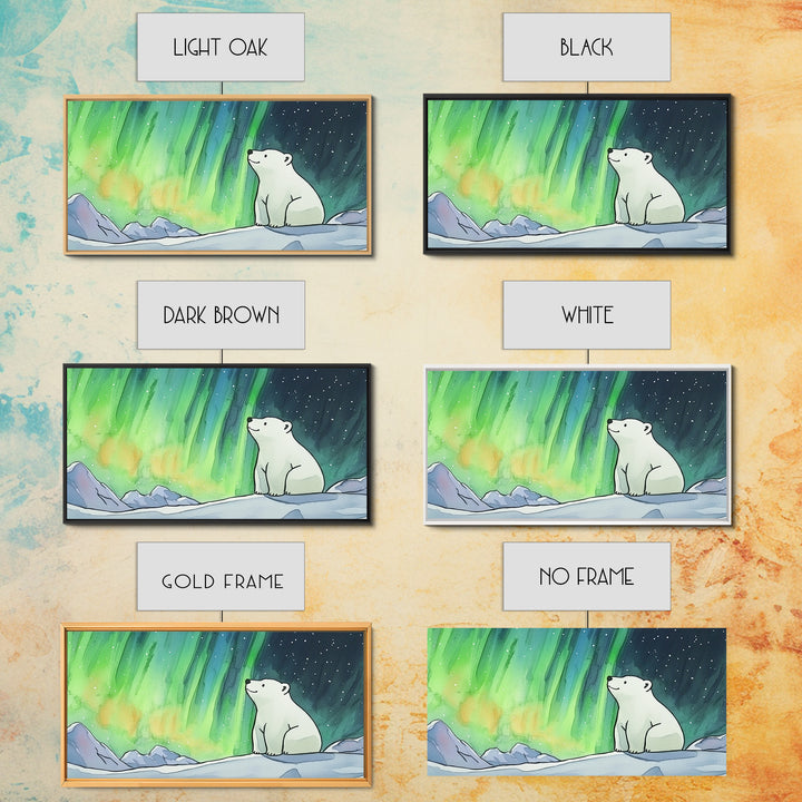 Polar Bear Beneath Aurora Framed Canvas Print, Arctic Animal Wall Art, Celestial Nature Decor, Kids Room Art, Nursery Wall Art