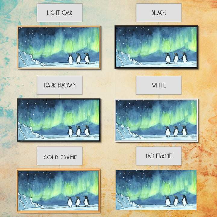 Penguins Walking Under Aurora Canvas Print, Arctic Animal Wall Art, Whimsical Nursery Decor, Kids Room Art, Coastal Wall Decor