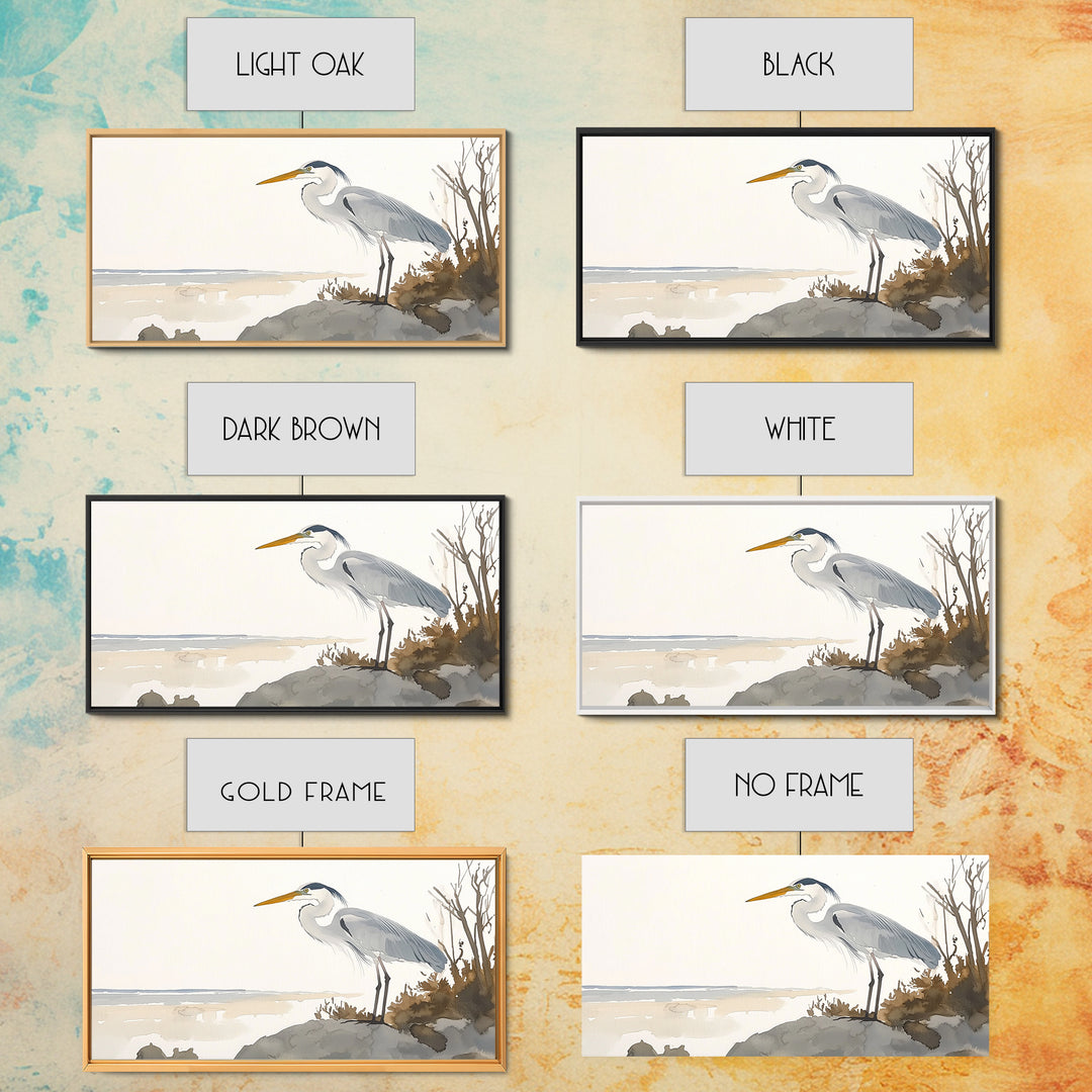 Coastal Great Blue Heron Wall Art, Serene Beach Landscape Watercolor, Nautical Bird Print, Beach House Living Room Decor