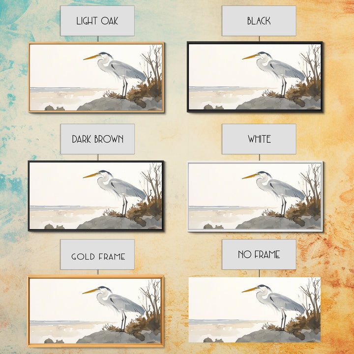 Coastal Great Blue Heron Wall Art, Serene Beach Landscape Watercolor, Nautical Bird Print, Beach House Living Room Decor