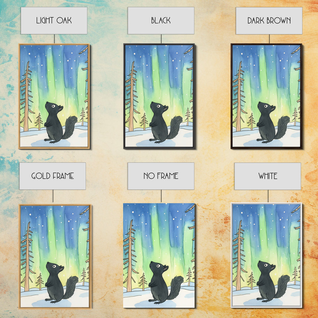 Whimsical Black Squirrel Aurora Wall Art, Northern Lights Nursery Decor, Woodland Animal Print, Winter Forest Kids Room Art
