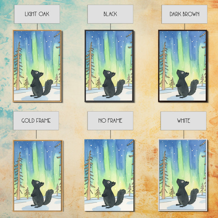 Whimsical Black Squirrel Aurora Wall Art, Northern Lights Nursery Decor, Woodland Animal Print, Winter Forest Kids Room Art