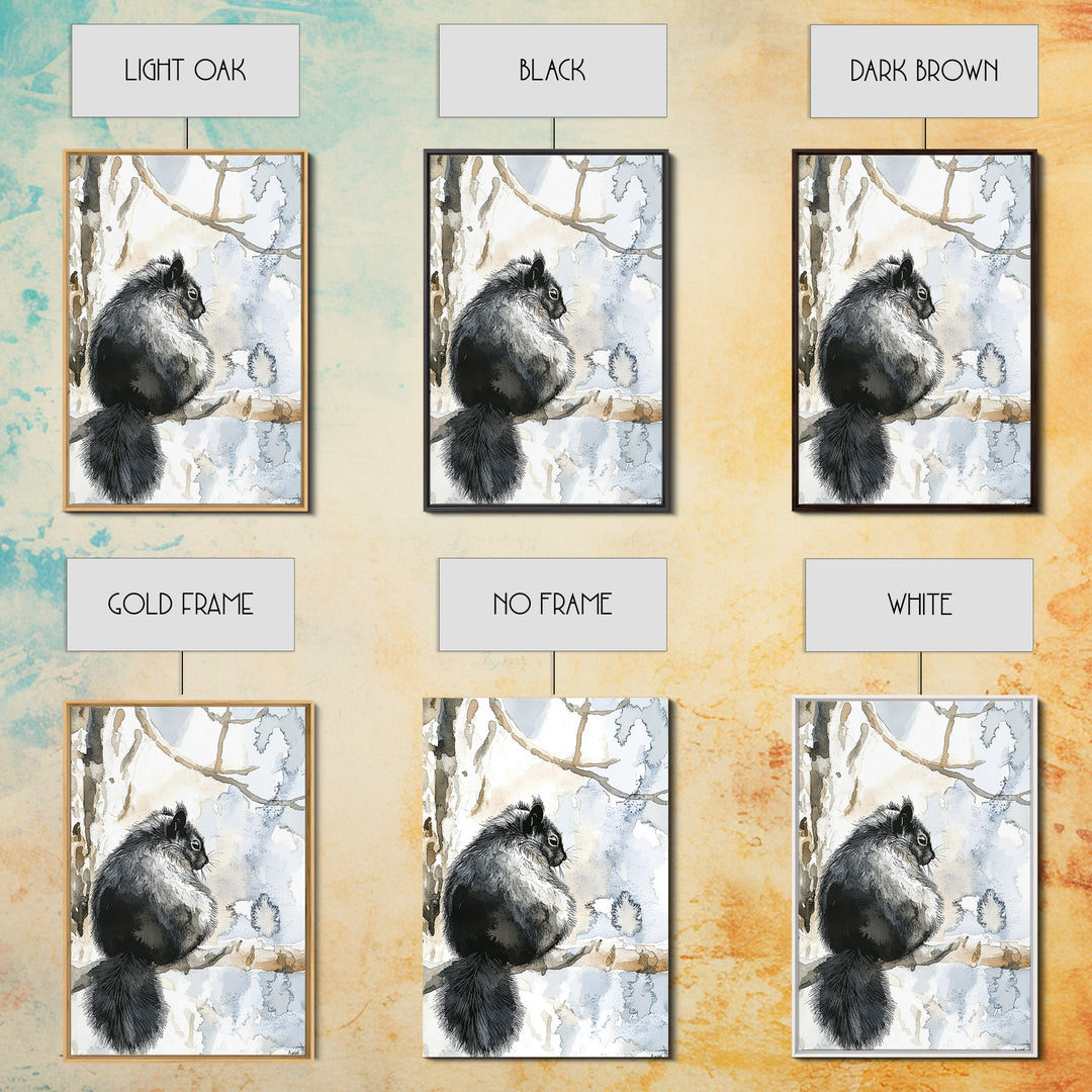 Black Squirrel Winter Branch Wall Art, Watercolor Wildlife Print, Rustic Nature Decor, Woodland Animal Art, Cabin Poster