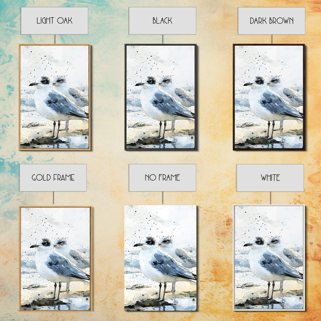 Two Seagulls On Sandy Beach Framed Canvas Print, Coastal Wall Art, Ocean Decor, Nautical Art Print, Beach House Decor Gift
