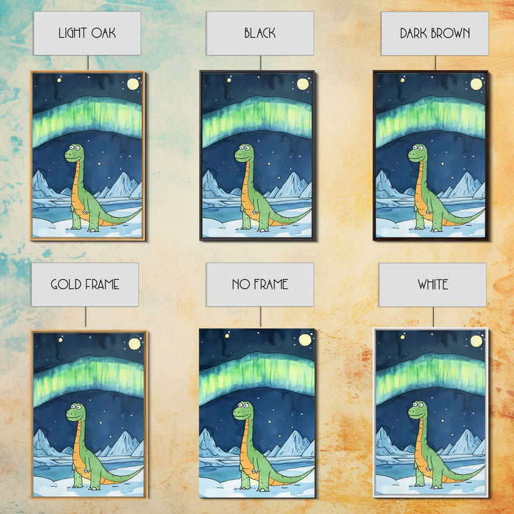 Cute Green Dinosaur Under Northern Lights Wall Art, Whimsical Nursery Decor, Kids Room Art, Arctic Adventure Canvas Print