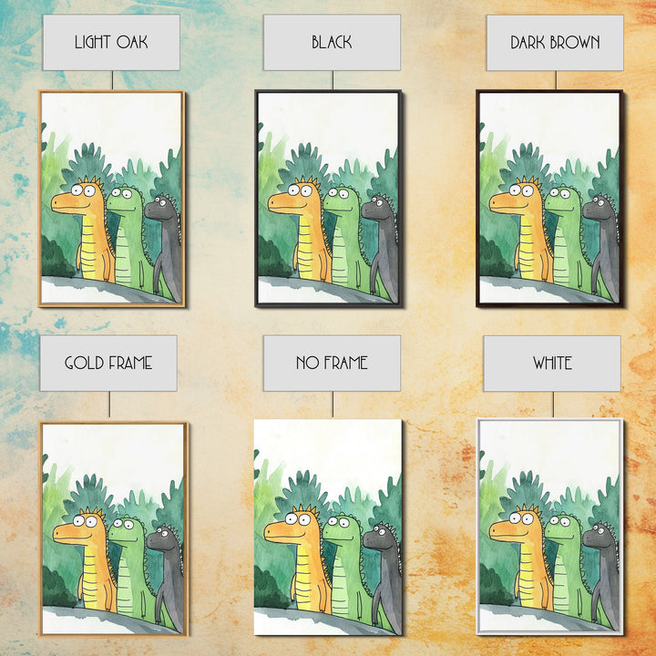 Three Cute Dinosaurs In Green Jungle Wall Art, Whimsical Animal Nursery Decor, Kids Room Art Print, Colorful Canvas Print