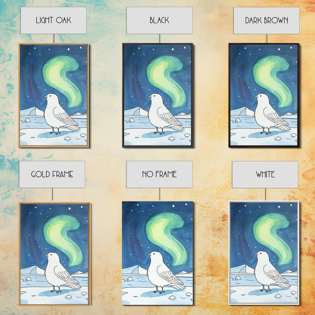 White Arctic Bird Beneath Northern Lights Wall Art, Winter Nature Decor, Celestial Bird Art Print, Peaceful Canvas Print