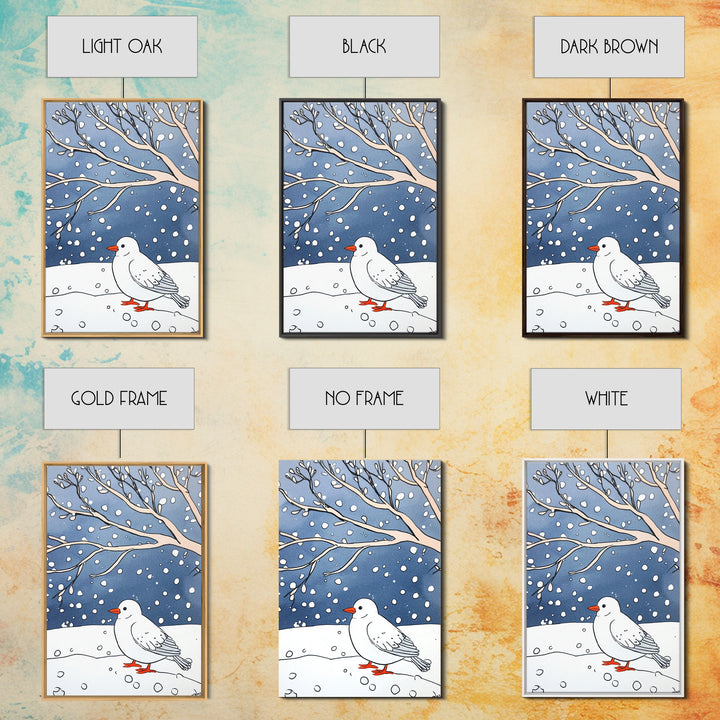 White Snow Bird Under Winter Branches Wall Art, Cozy Nature Decor, Minimalist Bird Art Print, Scandinavian Decor Canvas Print
