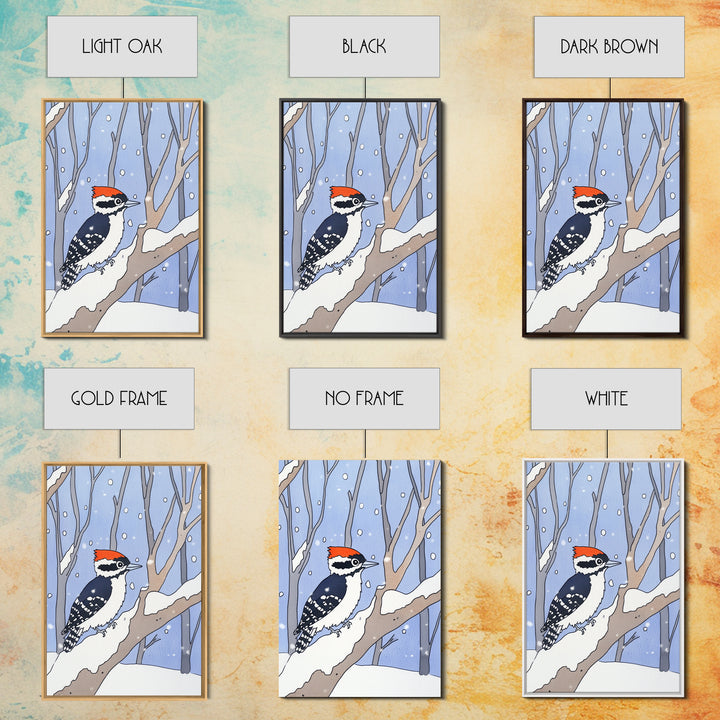 Red Capped Woodpecker In Snowy Winter Forest Wall Art, Woodland Bird Print, Nursery Decor, Rustic Cabin Decor, Nature Gift