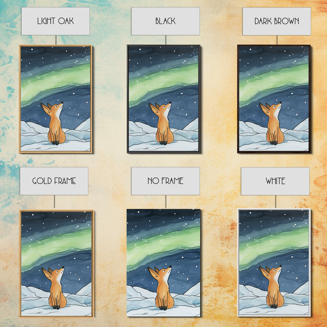 Fox Watching Northern Lights In Snow Canvas Print, Aurora Borealis Wall Art, Woodland Nursery Decor, Winter Cabin Decor, Gift