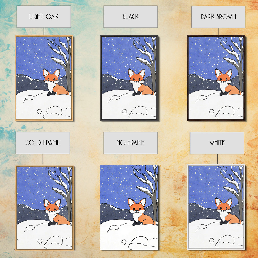 Cute Fox In Snowy Mountain Night Wall Art, Woodland Animal Print, Winter Nursery Decor, Cabin Wall Decor, Whimsical Art Print