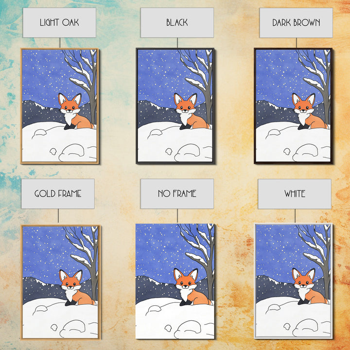 Cute Fox In Snowy Mountain Night Wall Art, Woodland Animal Print, Winter Nursery Decor, Cabin Wall Decor, Whimsical Art Print