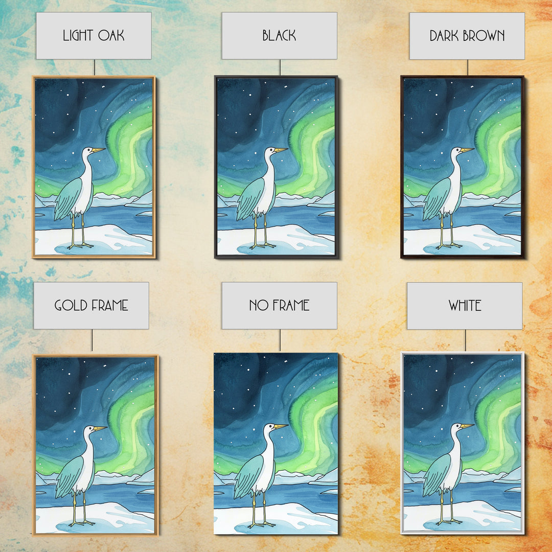 White Heron Under Northern Lights Canvas Print, Arctic Bird Wall Art, Coastal Nature Home Decor, Serene Nursery Gift For Her