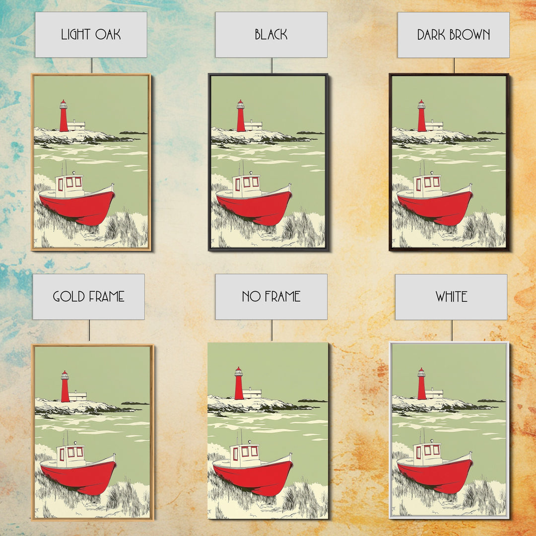 Red Fishing Boat And Lighthouse Canvas Print, Coastal Wall Art, Nautical Beach House Decor, Seascape Gift For Him, Living Room Decor