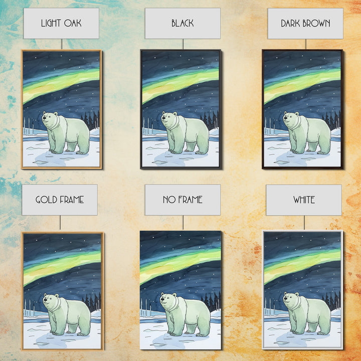 Polar Bear Under Northern Lights Wall Art, Arctic Wildlife Canvas Print, Winter Nature Decor, Nursery Gift For Kids Room