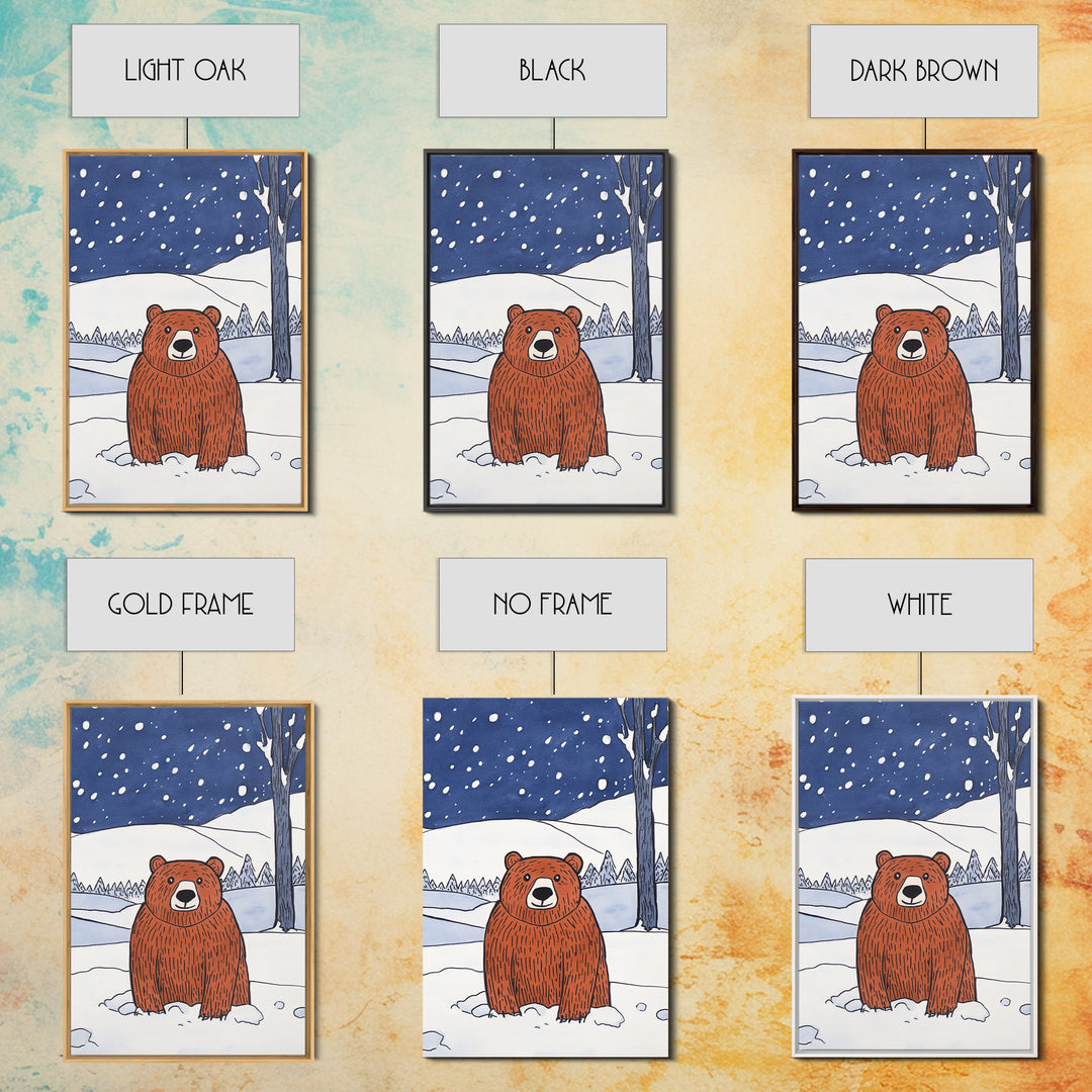 Brown Bear In Snowy Forest Wall Art, Woodland Animal Canvas Print, Rustic Nursery Decor, Winter Wildlife Gift For Kids Room Decor