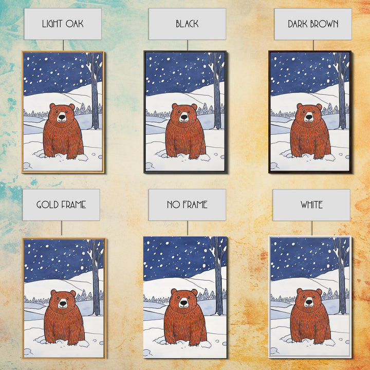 Brown Bear In Snowy Forest Wall Art, Woodland Animal Canvas Print, Rustic Nursery Decor, Winter Wildlife Gift For Kids Room Decor