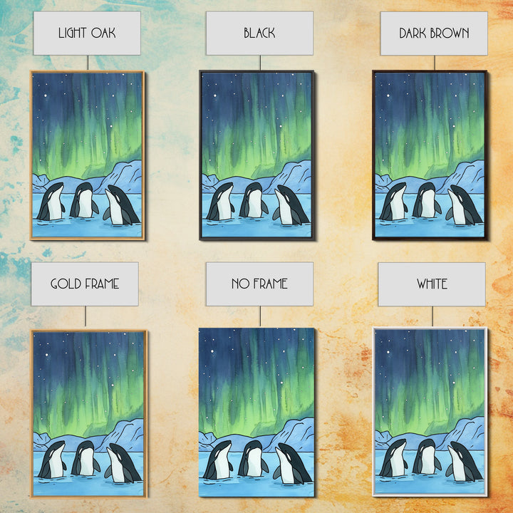 Orca Whales Under Northern Lights Wall Art, Arctic Ocean Print, Marine Life Decor, Coastal Nursery Art, Whale Lover Gift
