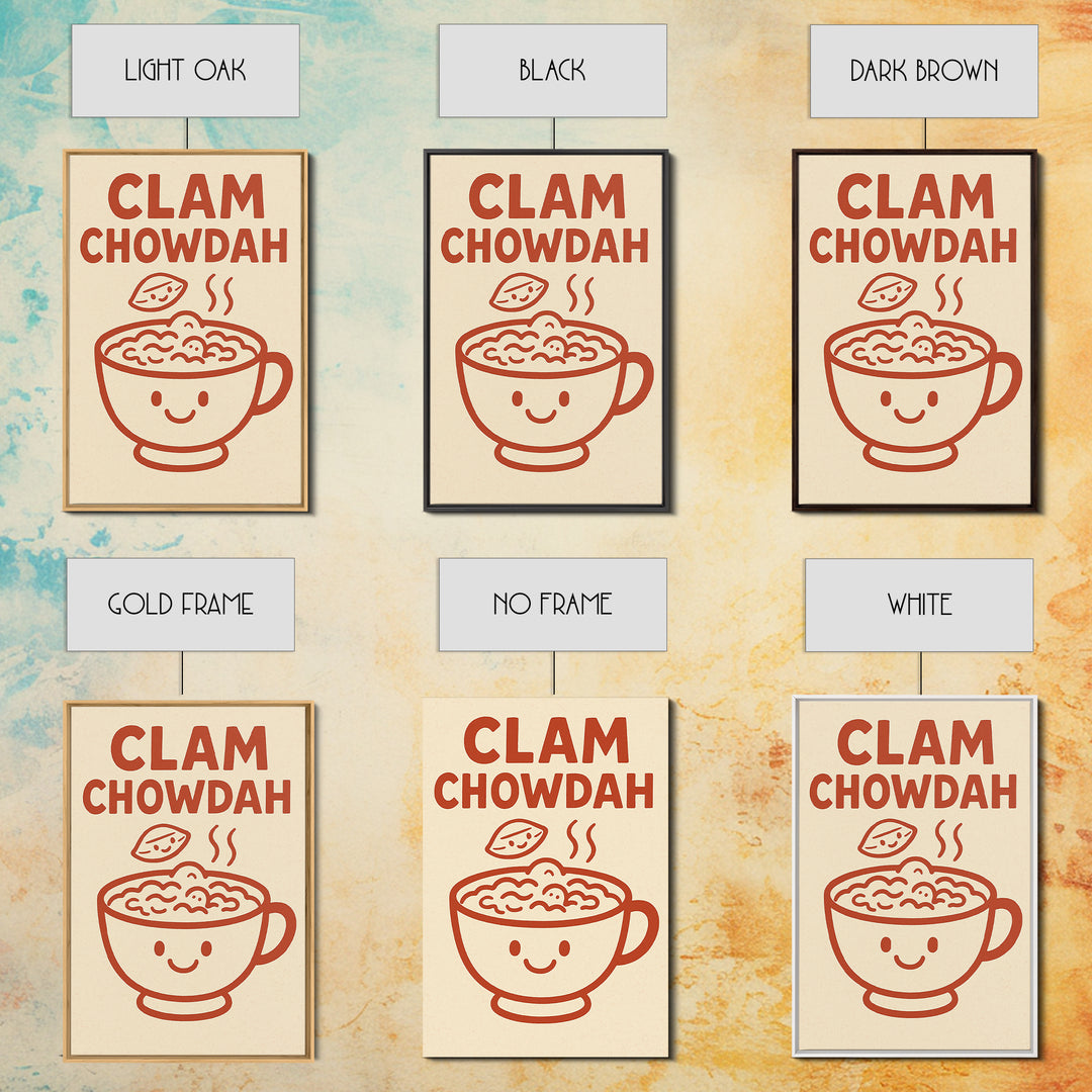 Cute Clam Chowdah Soup Bowl Wall Art, Funny Kitchen Print, New England Seafood Decor, Coastal Cafe Gift For Food Lover Home Decor