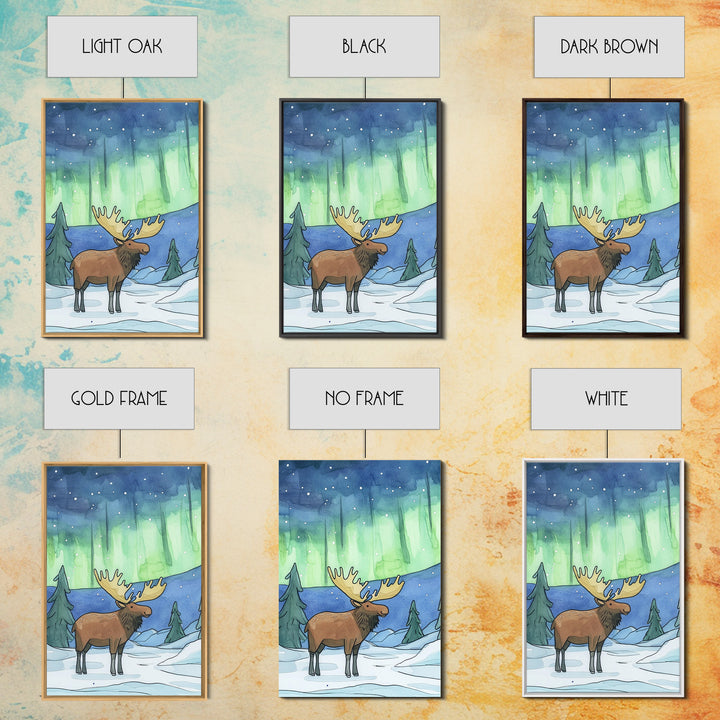 Whimsical Moose Under Green Northern Lights Canvas Print, Winter Animal Wall Art For Nursery Decor And Cozy Cabin Decor Gift
