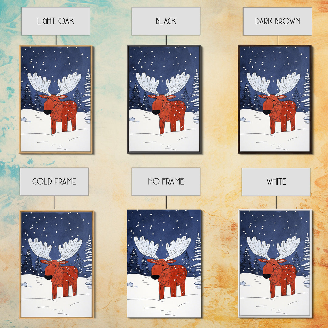 Red Whimsical Moose In Snowy Forest Canvas Print, Cute Animal Wall Art For Kids Room Decor And Nordic Winter Decor Gift Print