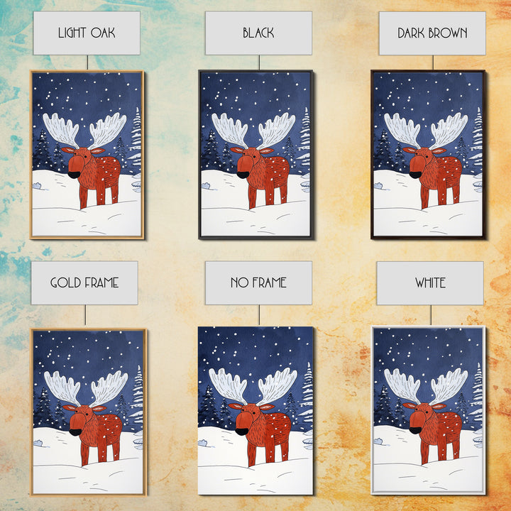 Red Whimsical Moose In Snowy Forest Canvas Print, Cute Animal Wall Art For Kids Room Decor And Nordic Winter Decor Gift Print