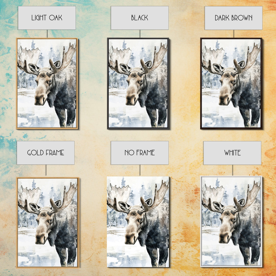 Realistic Moose Portrait In Snowy Pines Framed Canvas Print, Wildlife Wall Art For Rustic Cabin Decor And Nature Lover Gift