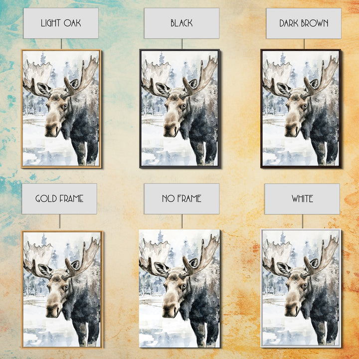 Realistic Moose Portrait In Snowy Pines Framed Canvas Print, Wildlife Wall Art For Rustic Cabin Decor And Nature Lover Gift