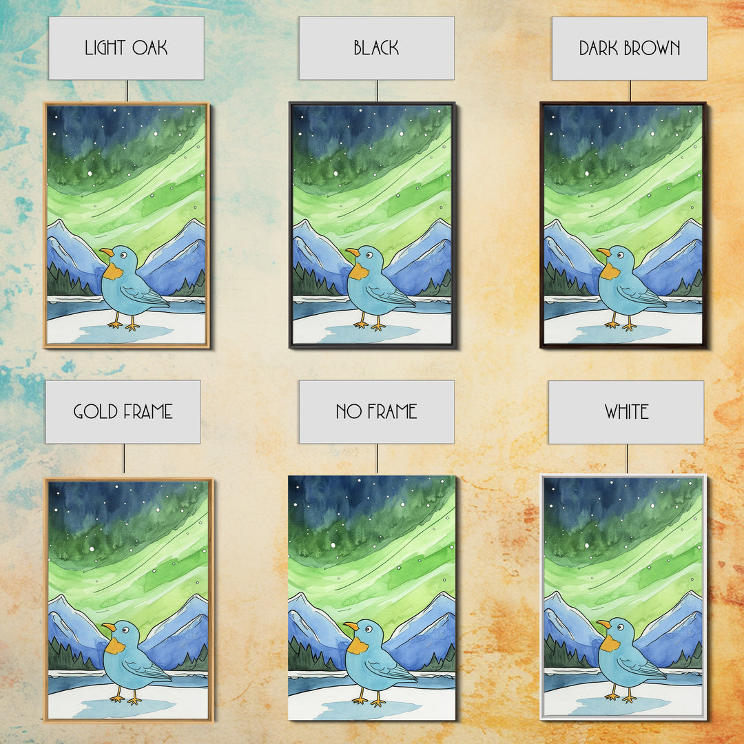 Blue Bird Beneath Green Aurora Canvas Print, Whimsical Animal Wall Art For Nursery Decor, Mountain Art, And Kids Room Decor