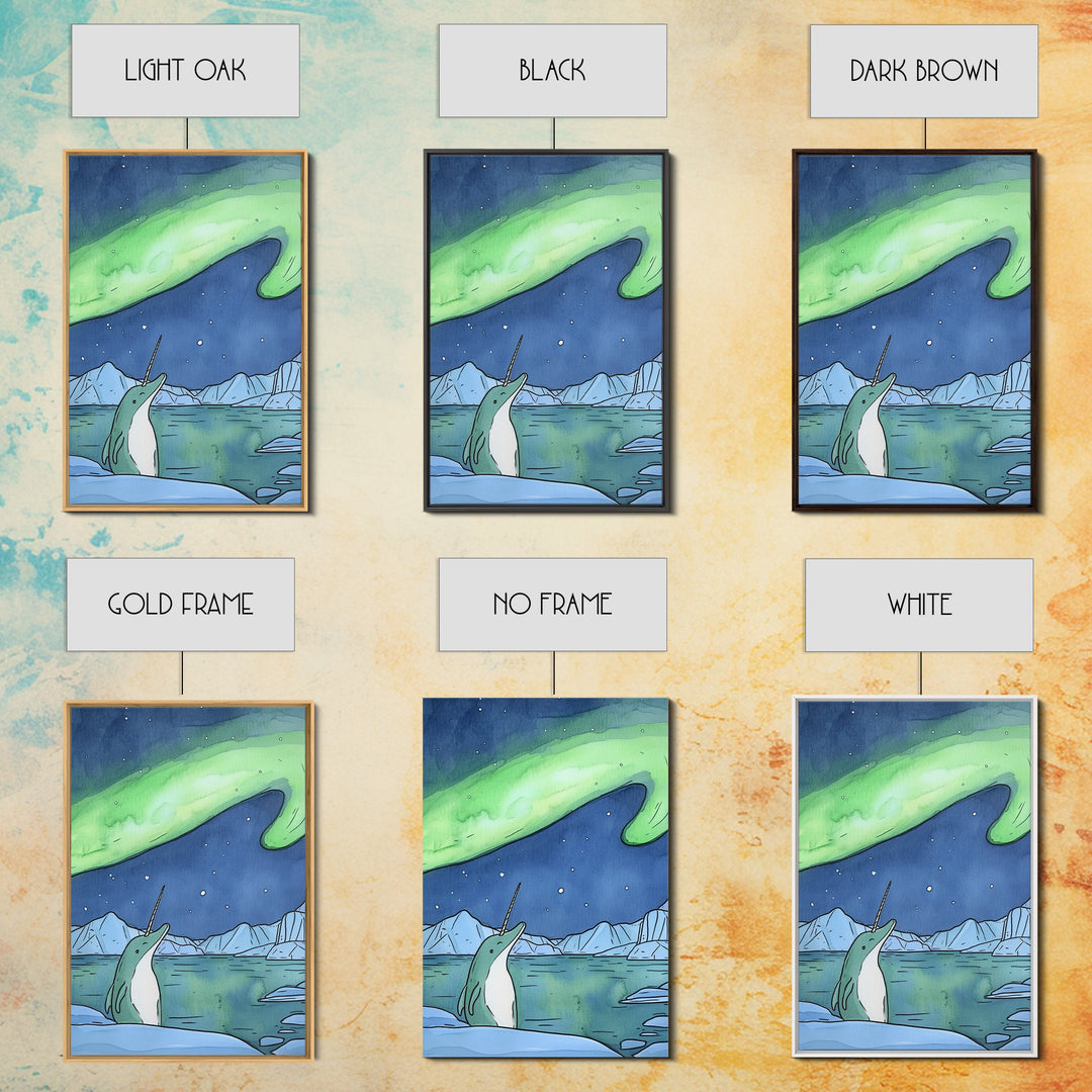 Whimsical Narwhal Under Northern Lights Canvas Print, Arctic Ocean Animal Wall Art, Nursery Decor And Kids Room Gift For Her