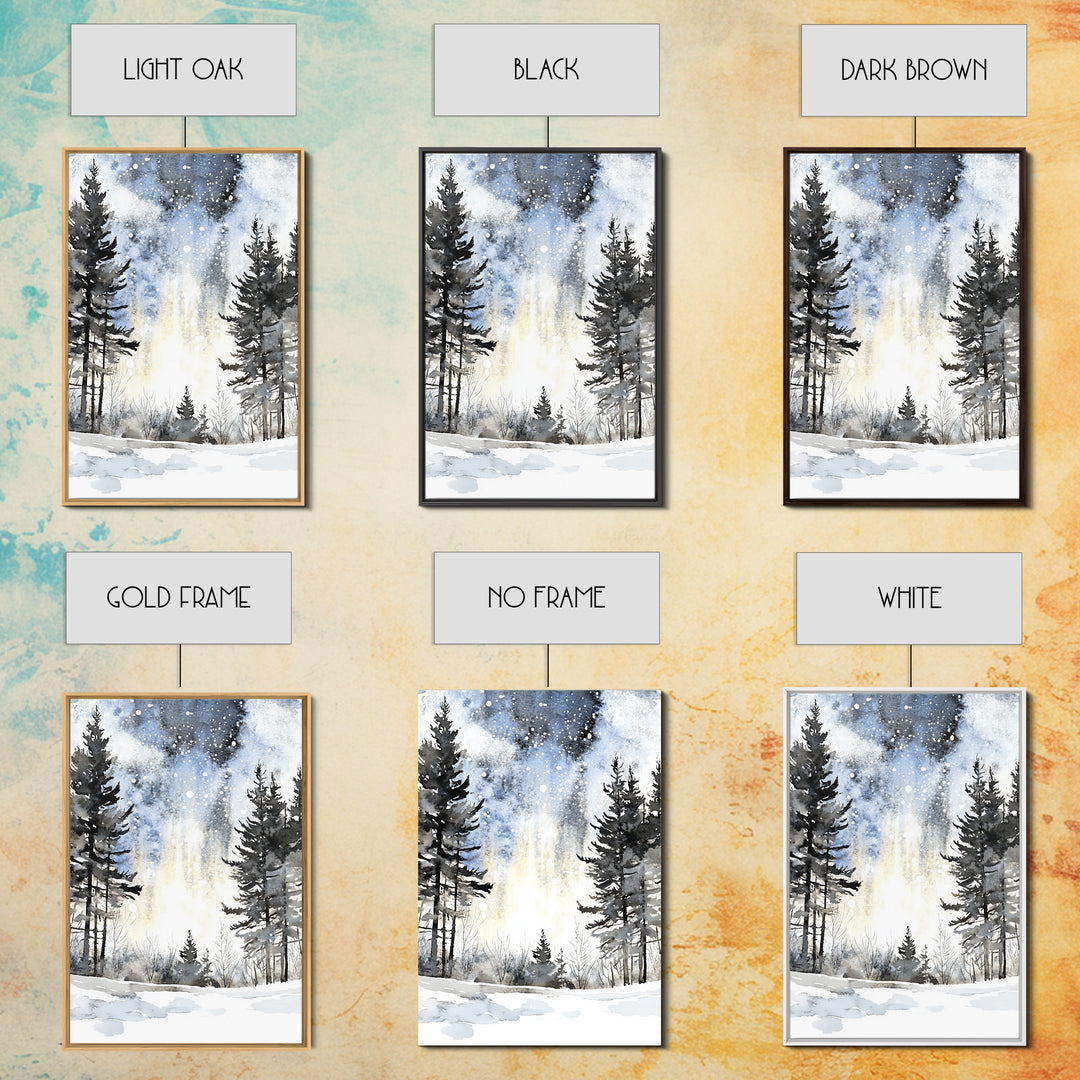 Snowy Night Pine Forest Framed Canvas Print, Winter Landscape Wall Art, Moody Nature Decor For Cabin Living Room Gift Idea