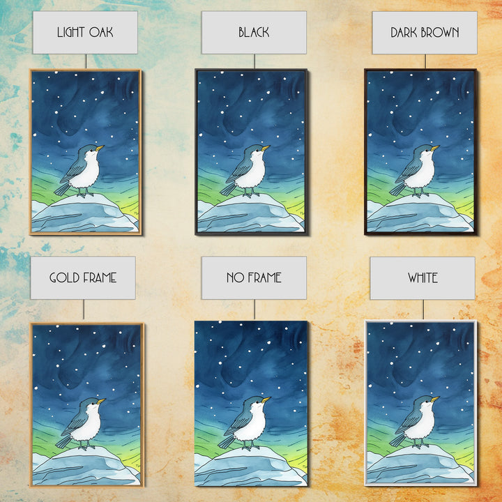 Cute Arctic Bird On Ice Under Aurora Canvas Print, Whimsical Animal Wall Art, Nursery Decor And Kids Room Decor Gift For Bird Lover