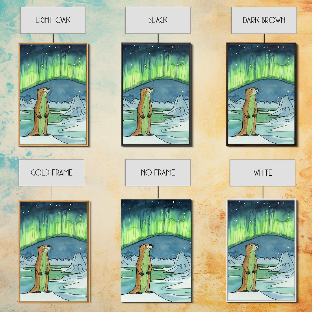 Curious Otter Under Green Aurora Wall Art, Arctic Animal Print, Northern Lights Decor, Whimsical Nursery And Kids Room Art