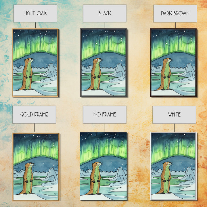 Curious Otter Under Green Aurora Wall Art, Arctic Animal Print, Northern Lights Decor, Whimsical Nursery And Kids Room Art