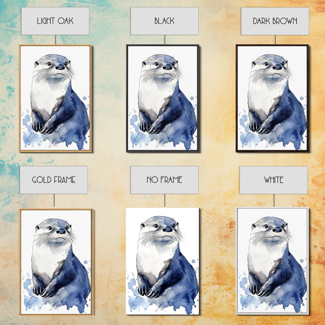 Blue Watercolor Otter Canvas Print, Coastal Animal Art, Wildlife Wall Decor, Nautical Nursery Print And Ocean Lover Gift