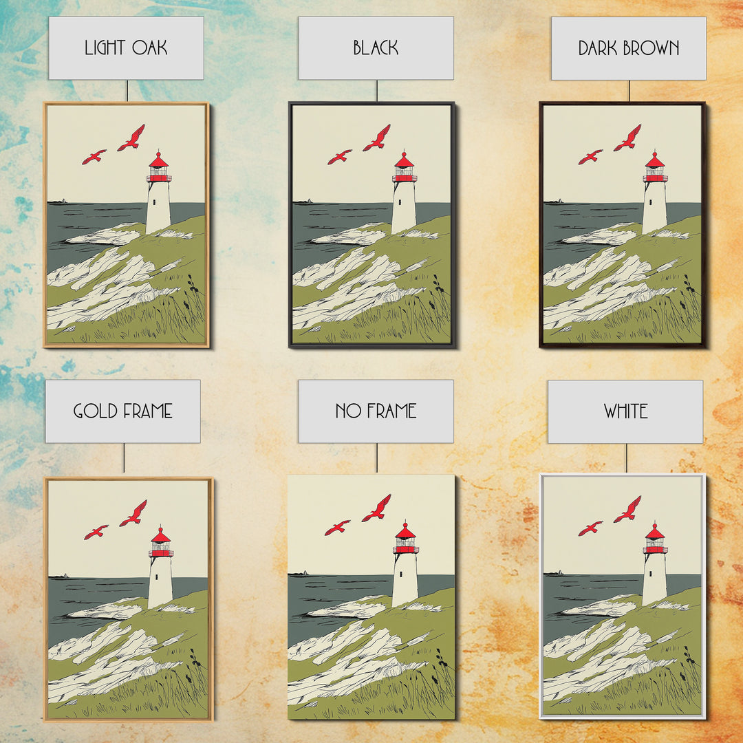 Coastal Lighthouse With Red Birds Wall Art, Nautical Print, Beach House Decor, Seaside Landscape Art And Ocean Wall Decor