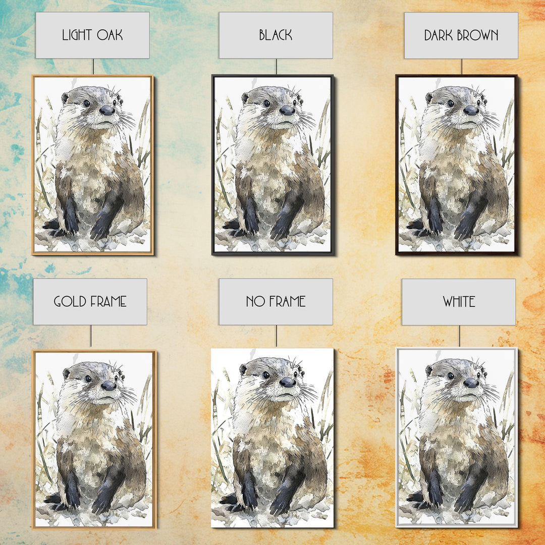 Neutral Watercolor Otter Framed Canvas Print, Wildlife Wall Art, Woodland Animal Decor, Nature Art Print And Housewarming Gift