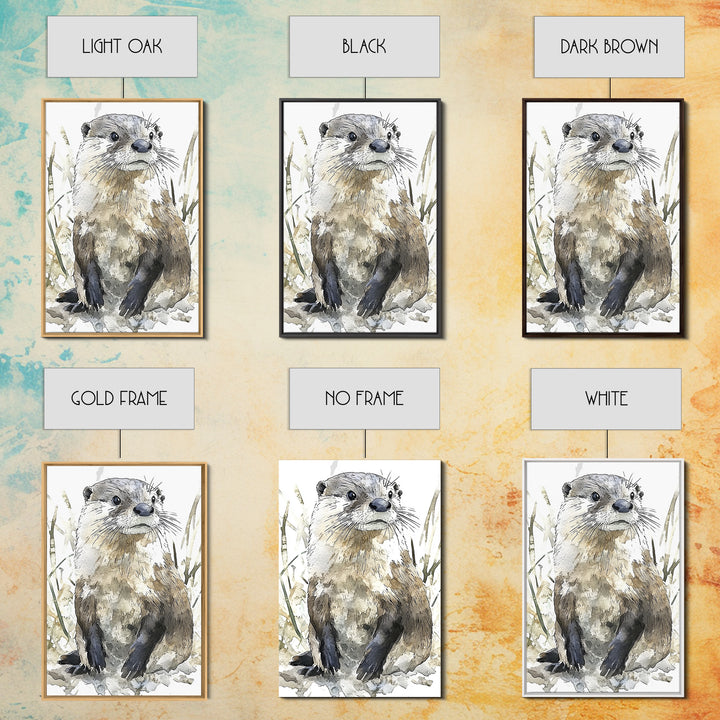 Neutral Watercolor Otter Framed Canvas Print, Wildlife Wall Art, Woodland Animal Decor, Nature Art Print And Housewarming Gift