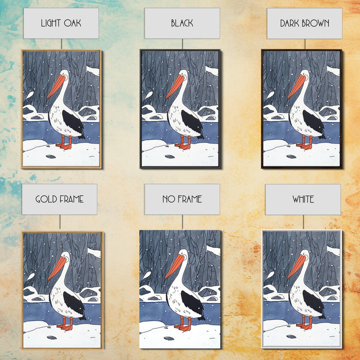 Snowy Pelican In Winter Woods Wall Art, Whimsical Bird Print, Wildlife Decor, Kids Room Art And Cozy Cabin Wall Decor Gift