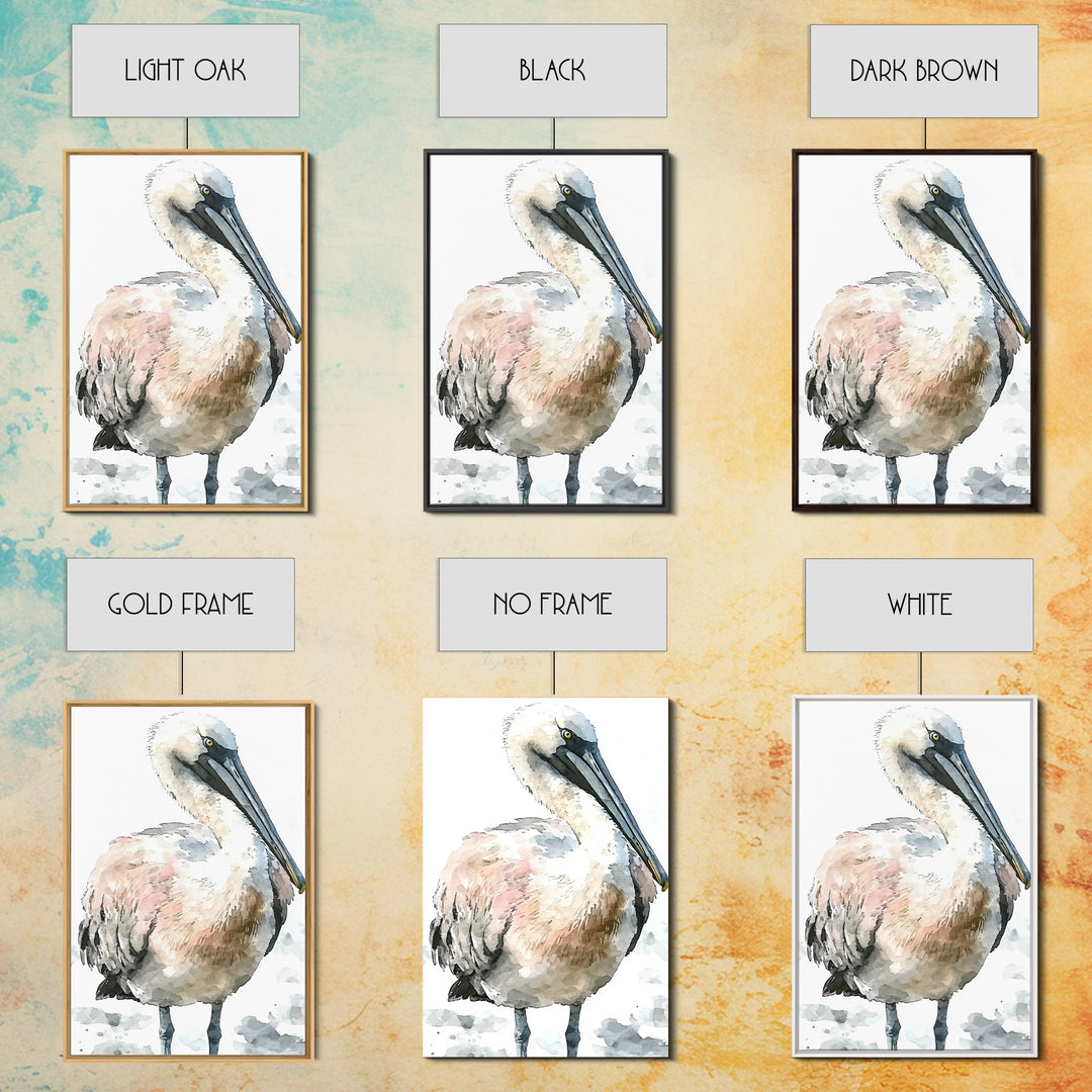 Soft Watercolor Pelican Framed Canvas Print, Coastal Bird Wall Art, Nautical Decor, Ocean Animal Print And Beach House Gift