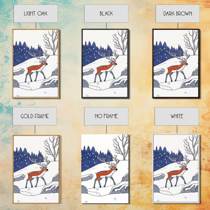 Red Reindeer In Snowy Forest Wall Art, Whimsical Winter Nursery Print, Woodland Animal Decor, Christmas Gift For Kids Room Decor