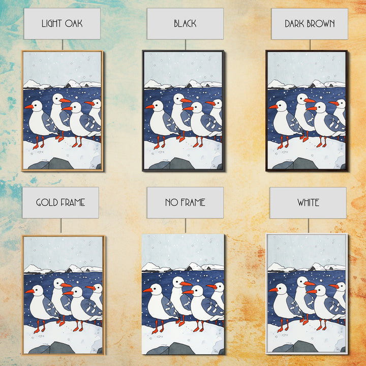 Arctic Seabirds On Snowy Shore Wall Art, Coastal Bird Print, Ocean Nursery Decor, Winter Wildlife Canvas Print Gift For Kids Room